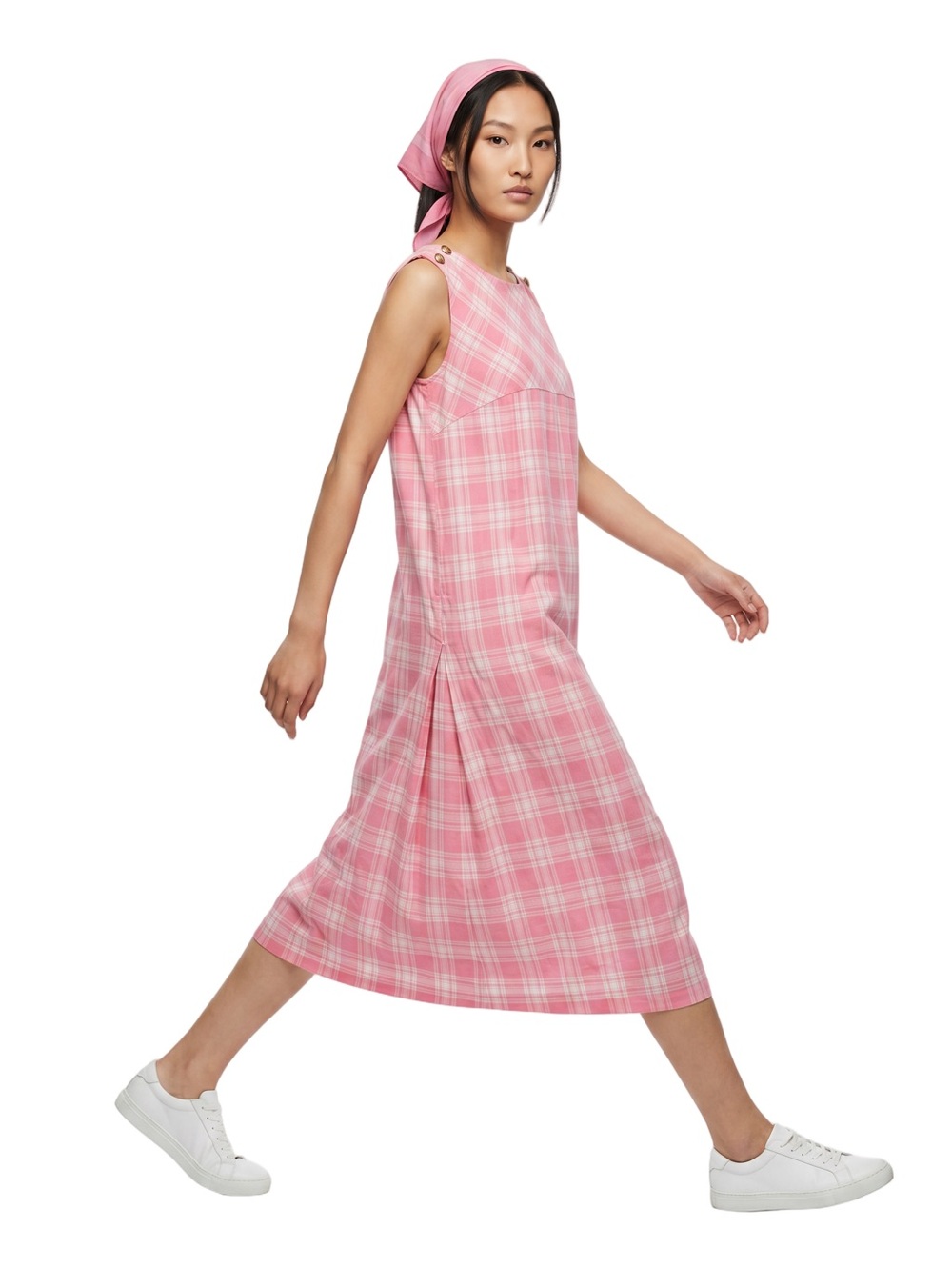 Vintage Pink Plaid Midi Dress Crew neck Sleeveless contour empire waist - Picture 11 of 11